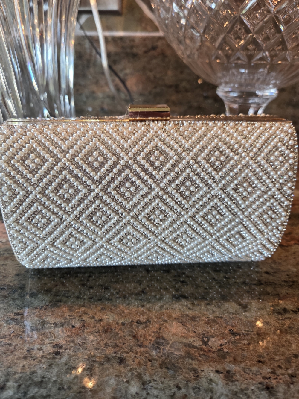 Pearl And Rhinestone Embellished Evening Bag With Chain